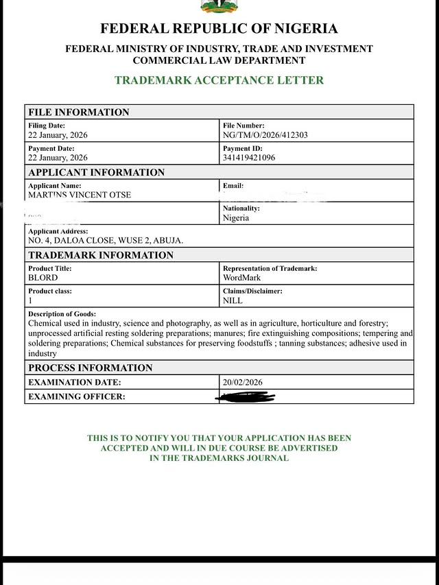 Trademark Acceptance Letter